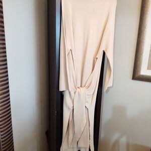 Long Sleeve Cream Knot-Front Midi Dress